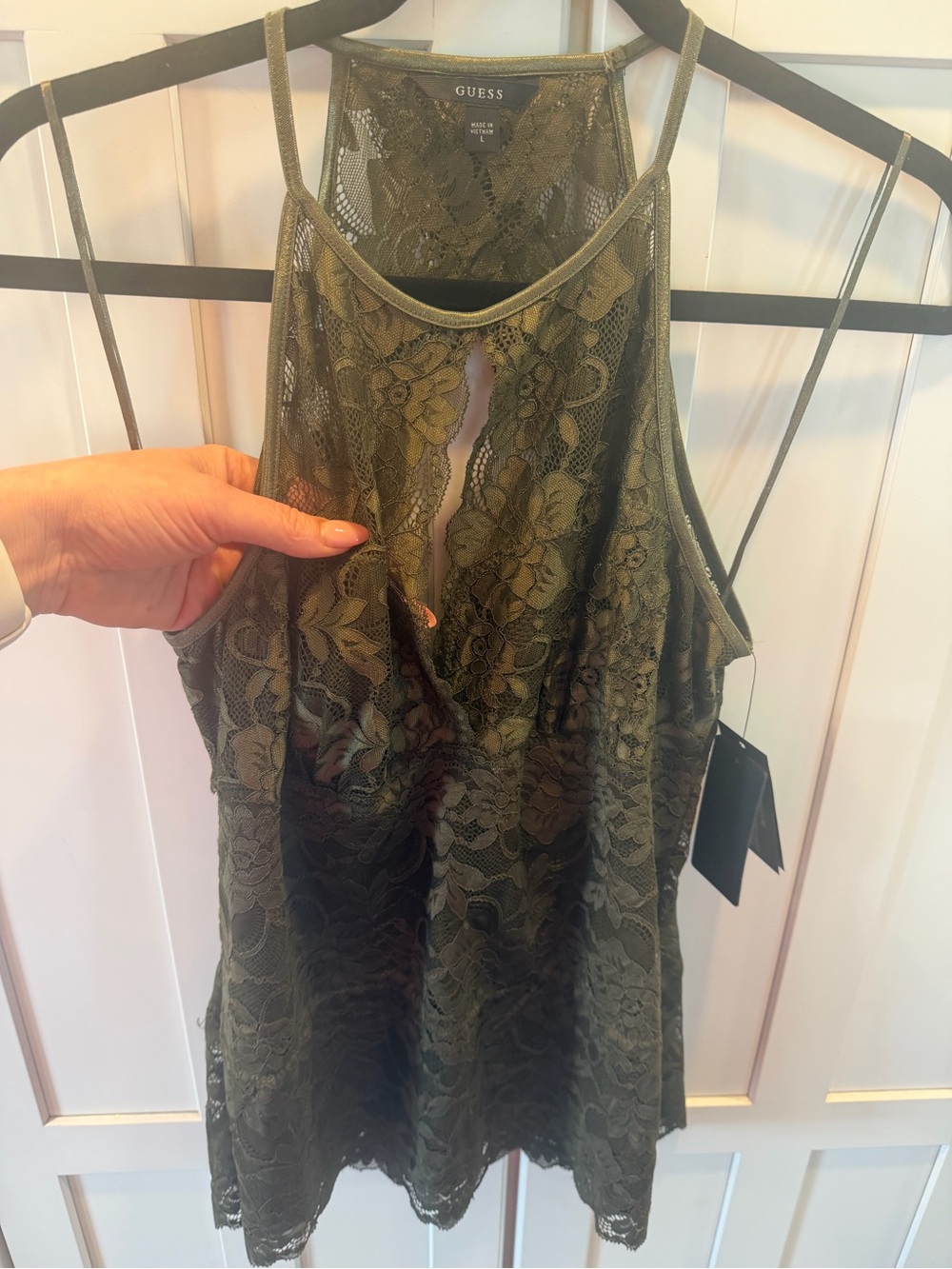NWT-Sz-Lg GUESS Olive Green Travertine Lace Halter Tank, beautiful Back